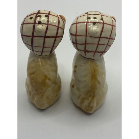 Vintage Ceramic Dog Salt & Pepper Shakers With Plaid Caps occupied Japan - Picture 8 of 13
